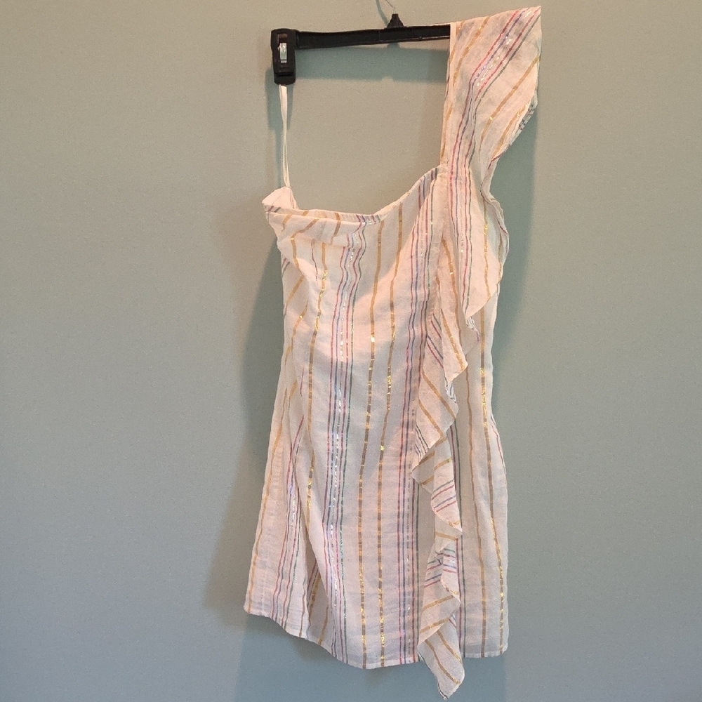 Tularosa Cait Mini Dress Ruffled Marshmallow With Metallic Stripes Size Small - Picture 3 of 14